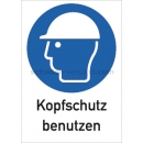 Gebotsschilder mit Text und Piktogramm: Kombischild Kopfschutz benutzen (ISO 7010)